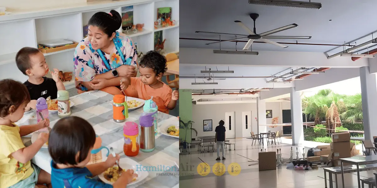 Căn tin trường AIS sau khi lắp đặt quạt trần